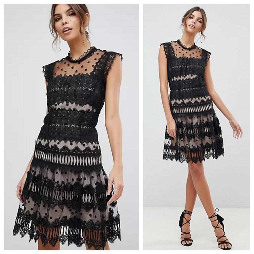 Bronx & Banco Majorka Black Crochet Lace Polka Dot High Neck Dress
